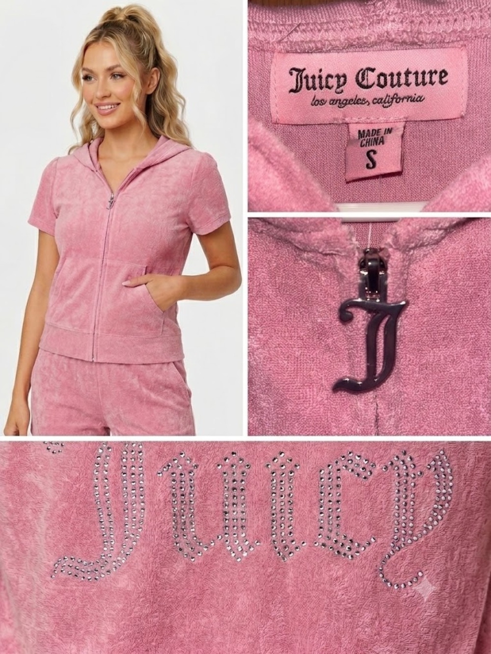 NWT JuicyCouture ShortSleeve Zip HoodiePink Terry Velour Back Bling S Y2K
